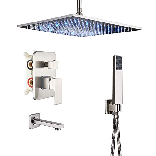 Rozin 3-way Shower Diverter Kit Ceiling Mounted LED Light 16-inch Rainfall Showerhead Tub Tap with Hand Wand Brushed Nickel