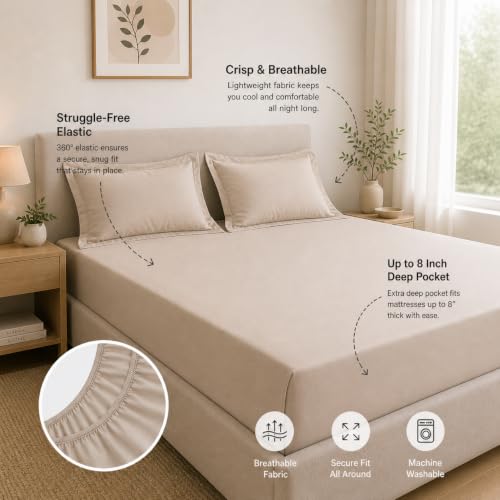 Image of Linen Home Cotton Percale Fitted Bedsheet Set Single Size Light Taupe