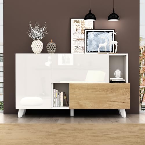 dowowdo Aparador blanco brillante con roble, moderno mueble de salón con 2 cajones, puerta plegable y compartimento abierto, diseño sin asas, 130 x 40 x 70 cm