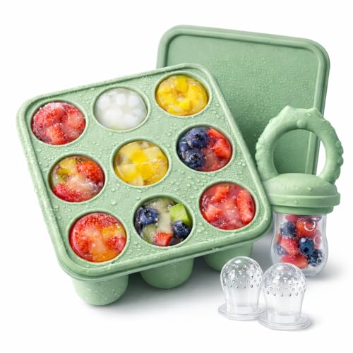 Fruchtsauger Baby | Fruchtsauger Baby ab 6 monate | Schnuller Fruchtsauger Aufbewahrungsbehälter für Babynahrung Muttermilch Eiswürfel (Cat Green)