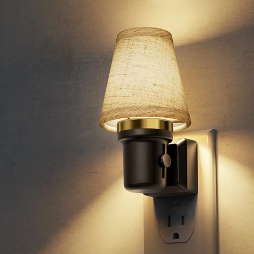 L LOHAS LED Night Lights Plug into Wall, Linen Fabric Round Platform Decor Night Light, Dusk to Dawn Sensor Vintage Nightlight, 0-100LM Dimmable, for Bedroom Living Room Hallway