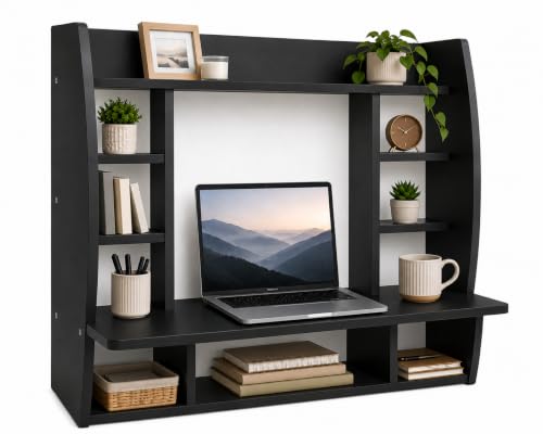 Image of Basicwise Wall Mount Laptop Office Desk with Shelves, Black,