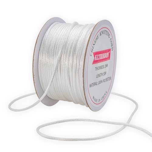 KLTRIBBON Cordoncino di raso bianco da 2 mm, 50 metri, per nodi cinesi, coda di topo, per bracciali, collane, gioielli, macramè