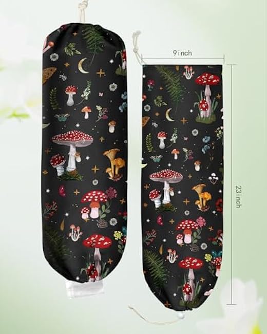 Plastic Bag Holder Organizer - 1 Pack Reusable Canvas Grocery Bags Holder Hanging Wall Cute Aesthetic Shopping Bag Storage Dispenser with Drawstring Closure for Kitchen Home, Mushroom