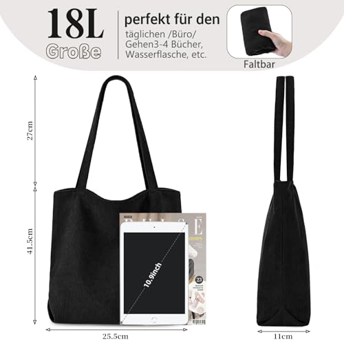 Tote Bag Damen Shopper Cord Tasche Groß Beuteltasche Schultertasche Mit ReißVerschluss,Stoff Umhängetasche Handtasche Für Schule Arbeit Büro Reisen Einkaufen Alltag,Geschenk für Damen