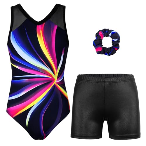Gymnastics Leotards for Girls With Shorts Packable Sparkly Ballet Dance Mesh Activewear Sparkly Flower Set 8-9 Years