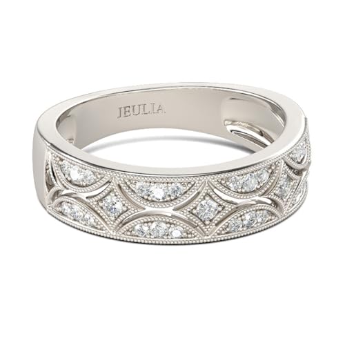 Jeulia Womens Wide Eternity Ring Wedding Band, Milgrain Round Cut 18k White Gold Plated Eternity Band Ring Romantic Birthday Anniversary Jewelry with Gift Box