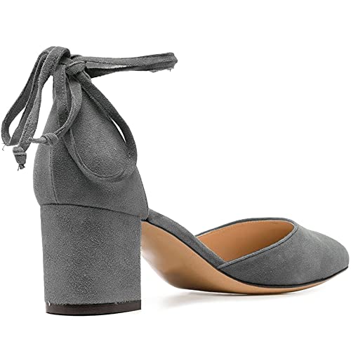 MOOMMO Women Ankle Strap Heels Pumps Shoes Low Chunky Block Heel Lace Up Sandals Round Closed Toe Cutout Dress Shoe Suede D-Orsay 2" Heel Office Work Wedding Pump Party Comfort Elegant Size 4-11 M US4