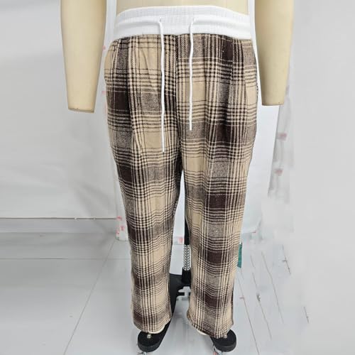 Men's Brushed Warmth Home Pants Woolen Flannel Plaid Long Pant Loose Casual Elastic Waist Touusers with Pockets2