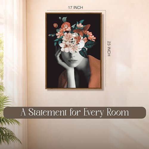 Image of Surreal Floral Woman Portrait Framed Canvas Painting For Living Room | Modern Botanical Abstract Face Wall Art For Livingroom Wall Decor, Home Decor, Bedroom, Hallway's, Office, Hotel - 43x58 cm