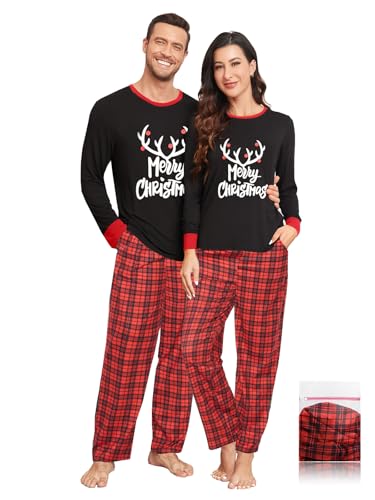 Christmas Pajamas for Couples Men & Women Long Sleeve Christmas Plaid Pjs Xmas Printed Sleepwear with Pockets