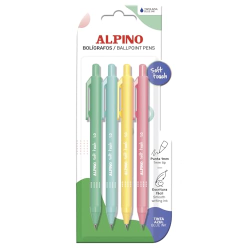 Alpino - Set de 4 Bolígrafos Soft Touch Pastel – Tinta Azul | Con Agarre Antideslizante y Tacto Suave | Punta de 1 mm| Bolígrafos Ergonómicos| Tinta de Secado Rápido