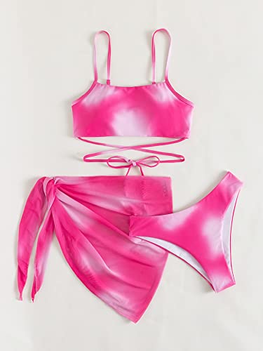 Women 3 Piece Swimsuits Bathing Suits Tie Dye Self Tie High Waisted Bikini with Coverup Beach Skirt Sarong4