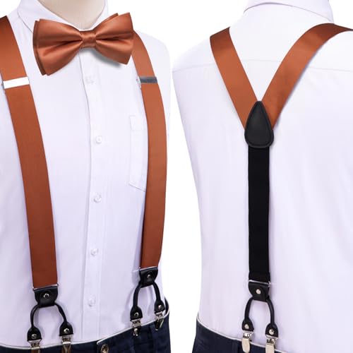 Image of Hi-Tie Men Suspender Bowtie Set Suspenders Pre-tied Bow Tie Pocket Square Cufflinks Adjustable Y Shape 6 Clips Braces Tuxedo