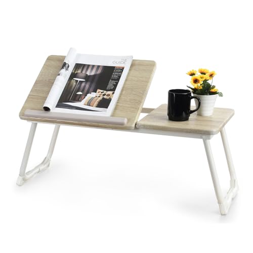 Meuble Cosy Table de lit Tablette pour Prdinateur Portable Plateau Réglable Petit Bureau Nomade Support PC, Chêne + Blanc, 65x30x27.5cm