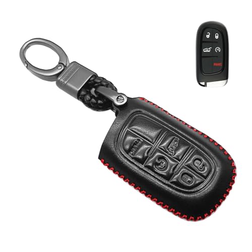 MECHCOS Compatible with Dodge Challenger Charger Durango Journey Jeep Cherokee Grand Cherokee Renegade Chrysler 300 Leather Case Key Fob Cover Keyless Car Remote Holder Protecter
