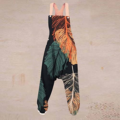 Mobctg Beach Outfits For Women, Street Bib Print Mid Waist Cotton Fashion Cotton Linen Jumpsuit Long Sleeve Romper For Women Casual Summer Jumpsuits Short Drawstring Jumper Pants (Xl, Green) #TOP1
