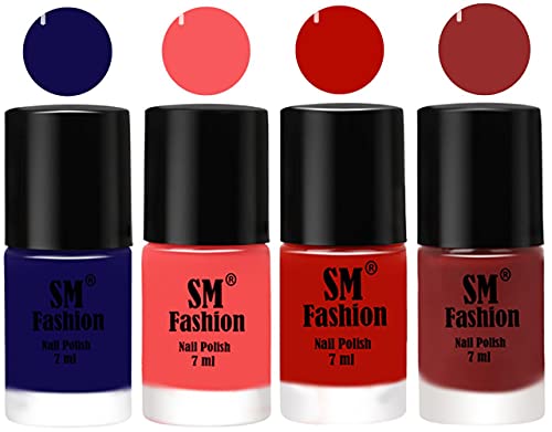 Image of Nail Polish Combo Set (Pack of 4) Quick Dry Gel Finish Nail Paint | Dark Blue,Light Pink,Red Orange,Jam | 7 ml Each