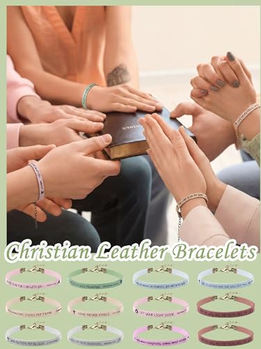 Image of Sureio 15 Pcs Christian Gift Bracelets for Women Men Inspirational Leather Religious Bible Verse God Faith Scripture Bracelet