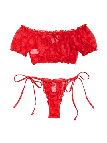 Image of Lilosy Sexy Stretch Ruffle Tie Sheer Mesh Lingerie Set Outfits