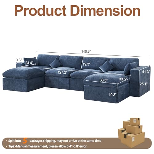 Image of 146''Cloud Boneless Sectional Couch, Modular Sectional Sofa Deep Seat with 2 Ottomans, Oversized Upholstered Convertible Comfy 6 Seater Chenille Sofa U Shape Couches for Living Room, Blue