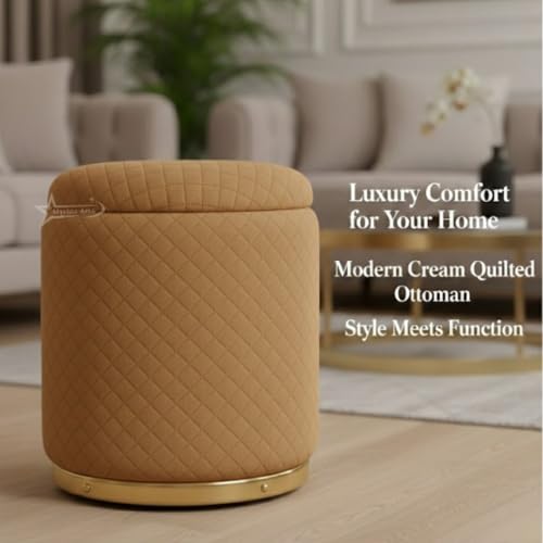 Image of Premium Round Storage Ottoman Stool 16 X 16X 19 inch, with Gold Metal Base | Luxury Pouffe with Hidden Storage | Cushioned Footrest for Living Room, Bedroom & Lounge Coffee