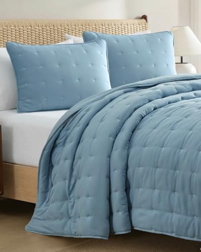 Image of Quilts Queen Size - Bedspread for Queen Size - Lightweight Comforter Set - Quilt Bedding Set for All-Seasons - Soft, Breathable and Comfy - Summer Coverlet with 2 Pillow Shams - 90 inch x 96 inch, Dust Blue
