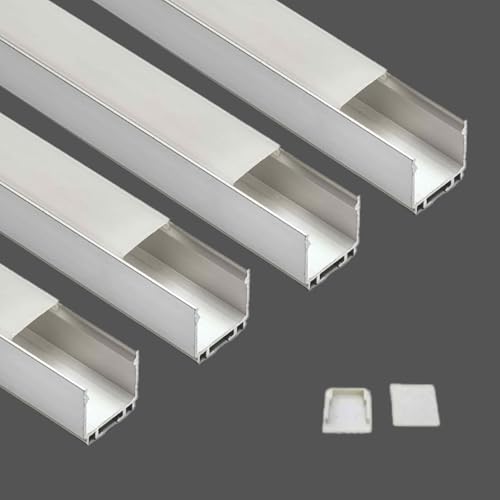 Image of (25x25mm) LED Strip Light 1Meter Aluminium Rectangular Surface Profile Light Channels with Diffused Cover, End Caps and Mounting Clips Without LED Straight Linear - Pack of 4