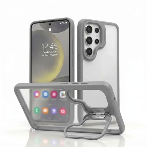 Image of amazon basics Frosted Matte Case for Samsung Galaxy S25 Ultra 5G | Built-in Flip-Out Camera Lens Stand | Translucent Back with Contrast Gray Bumper | Shockproof Protective Cover