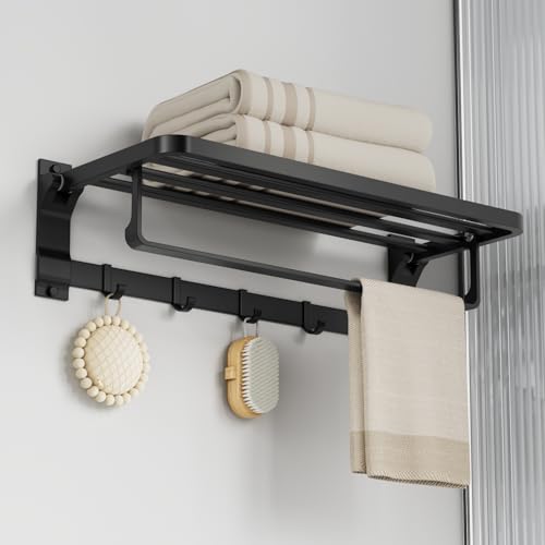 Cancora 90° Foldable Towel Racks for Bathroom Wall Mounted Rustproof Aluminum Towel Bar with 5 Towel Hooks 23IN Shelves Towel Holder for RV Hotel Lavatory Kitchen Organizer Decor, Matte Black