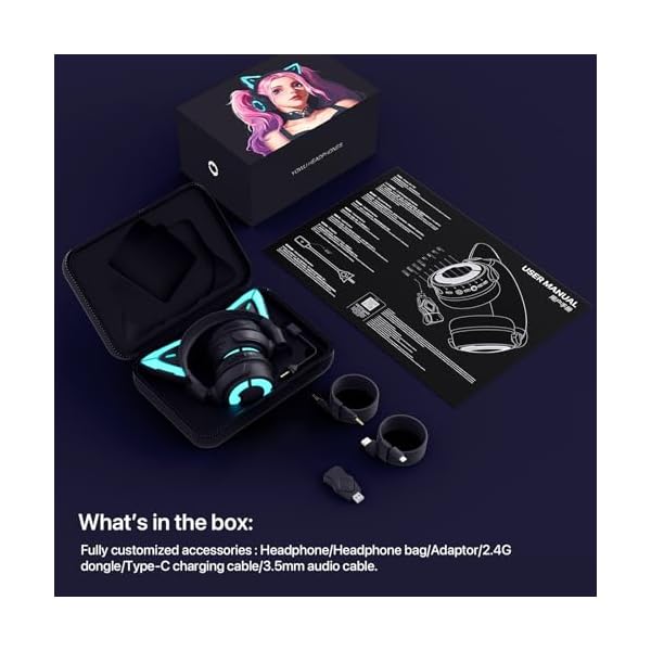YOWU RGB Cat Ear Headphones 4GS - Gaming Headset for PC PS5 Switch Xbox, 2.4G/Wireless/Wired, Attachable Gaming Microphone, Adjustable Lighting and Effect via ApP (Black) - Image 8