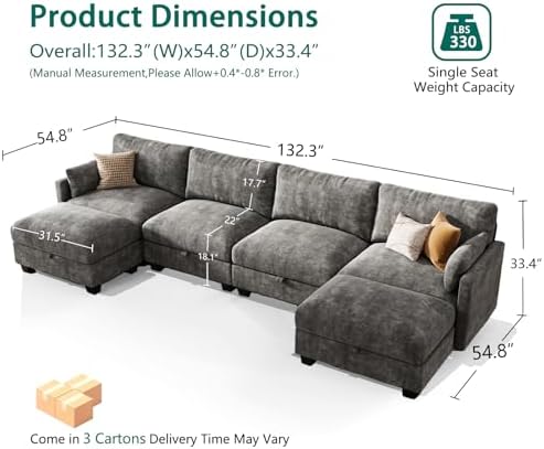 Modular Sectional U Shaped Sofa Couches for Living Room, Cloud Couch with Storage Ottoman, Comfy Chenille Sofa with Pillow, Dark Gray - Thumbnail 4