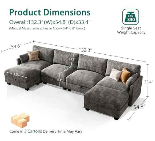Image of Modular Sectional Sofa, 132 inch U Shaped Couch with Storage, Chenille | High Resilience Foam, 22 inch Seat Depth, Movable Ottoman, Comfy Chenille, Easy Assembly, Dark Gray