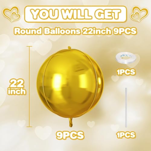 Image of 9 Pcs Gold Round Foil Balloons,22 Inch Metallic Gold Round Balloons | Gold Giant 4D Round Ball Balloons For Wedding Graduation Anniversary Birthday New Year Disco Party Decorations