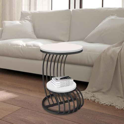 Image of End Table with Decorative Legs, in-Lay Top, Home Decor Accent Furniture -Tier Metal Coffee Table with Open Storage Shelf for Living Room (Black White)