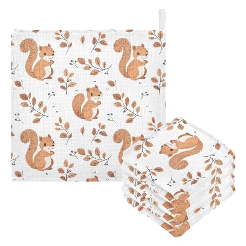 Image of vvfelixl Cute Squirrel with Tail Baby Burp Cloths Baby Muslin Washcloths for Boys Girls Cotton Babys Face Towel for Newborn Infants Soft and Absorbent 11.8 X 11.8 in, 5 Pack