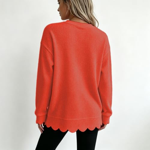 Womens Waffle Knit Top Long Sleeve Crewneck Fall Scalloped Sweatshirt 2026 - image 2