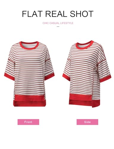 SHEWIN Womens Tops Casual Short Sleeve Sweatshirt Crewneck Striped Shirt Pullover T Shirts Loose Blouses