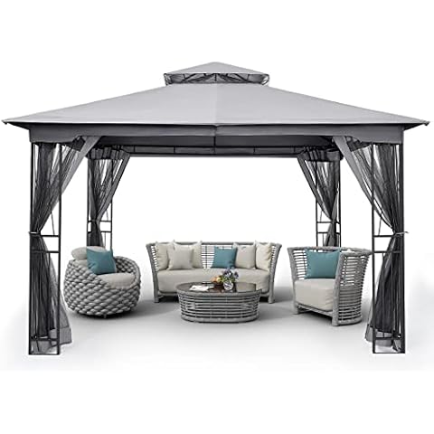HAPPATIO 10' X 12' Outdoor Patio Gazebo, Canopy Gazebo for Garden,Yard,Patio with Ventilation Double Roof with Mosquito Netting,Gray Cover