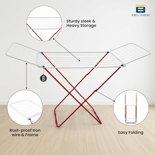 Image of Foldable Clothes Drying Stand | Multi-Rail Folding Laundry Dryer | Lightweight Alloy Steel | Flat-Fold Design | Indoor & Outdoor Use | 1.8 Meter (Red White)