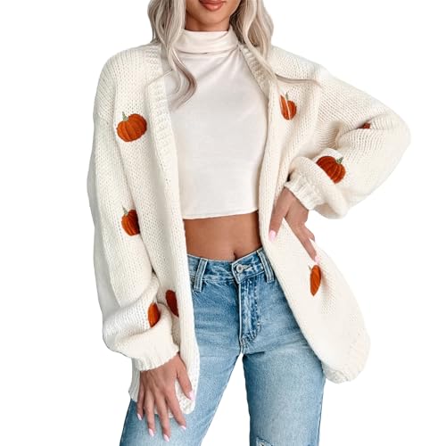 Women's Halloween Pumpkin Knit Cardigan Long Sleeve Open Front Knitted Sweater Fall Outwear Coat Tops