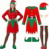 Yi-gog Women Christmas Elf Costume Set, Santa's Helpers Dress Outfits with Hat Shoes Socks Elf Ears for Xmas Party Role Play
