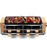 CUSIMAX Electric Grill Raclette Table Grill, 2 in 1 Indoor Grill with Non-Stick Grill & Griddle Plate, Raclette Grill with Wooden frame, 8 Cheese Pans & Wooden Spatulas, Three-Layer Korean BBQ Grill