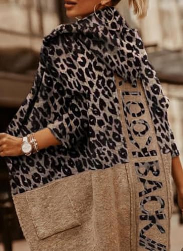 chouyatou Women's Color Block Leopard Print Open Front Hooded Long Knit Cardigan Sweaters with Pockets2
