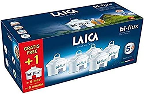 LAICA Filtros de Agua bi flux (Pack 6) – Conserva Sales Minerales Esenciales, Reduce la Cal, Cloro y Metales Pesados – Compatible con Jarras LAICA y BRITA – 150L/Filtro – Italia