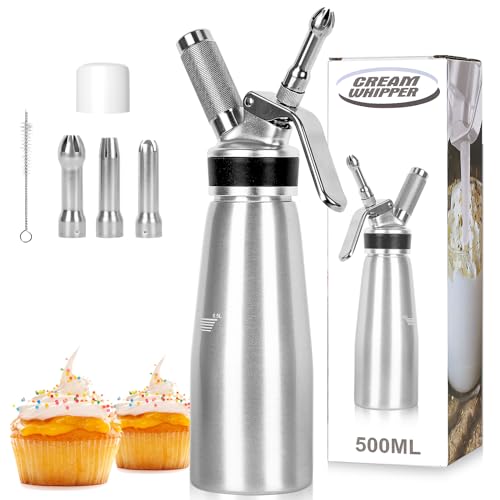 Grofis 500ml Sifon Cocina En Aluminio, Dispensador De Crema Con 3 Boquillas Acero Inoxidable Y 1 Cepillo, Antigoteo Sifon De Nata Para Decorar Pasteles De Cumpleaños Pastelería Helados Postres