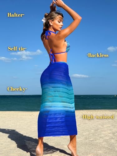 Kaei&Shi Women 3 Piece Crochet Swimsuit,Halter Triangle Bikini Sets with Ombre Cover Up3