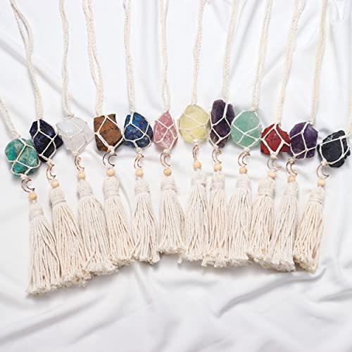 Image of Runyangshi Healing Crystal Car Rear View Mirrors Hanging Ornaments Hand Woven Interior 12 Constellations-Taurus Tiger's Eye Natural Crystal Raw Stone Protection Reiki Home Decor Gift