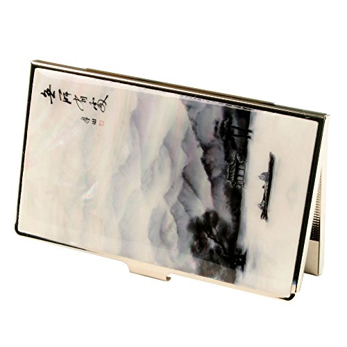 Tarjetero de Madreperla Diseño Barco Lago Pintura Asiática en Metal de Acero Inoxidable Delgado Grabado para Tarjetas de Crédito Tarjetas de Negocio Billetera para Dinero Cover