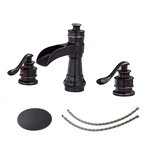 Product Deal Homevacious Widespread Bathroom Faucet Waterfall Oil Rubbed Bronze Sink Vanity Antique with Pop Up Drain 8-16 Inch 2-Handle 3 Hole Basin Farmhouse Lavatory Mixer Tap with Overflow Supply Line